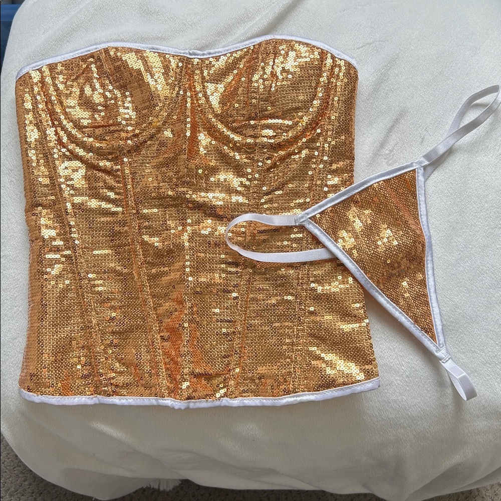 Gold Sequin Bustier Top and Matching Thong Set